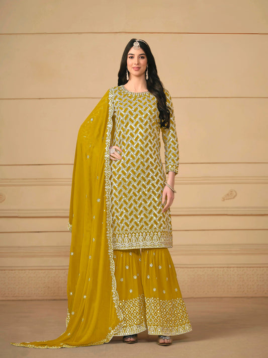 Faux Georgette Embroidered Gharara Suit