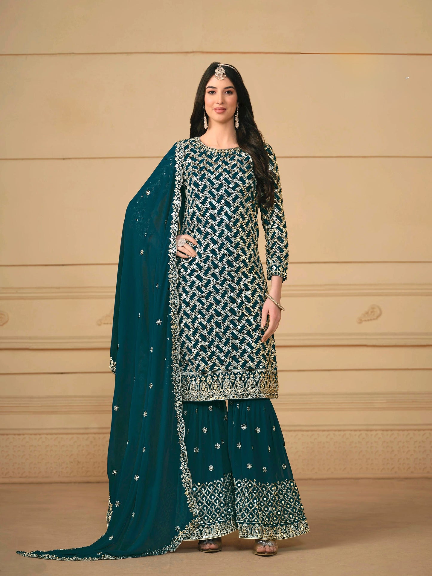 Faux Georgette Embroidered Gharara Suit