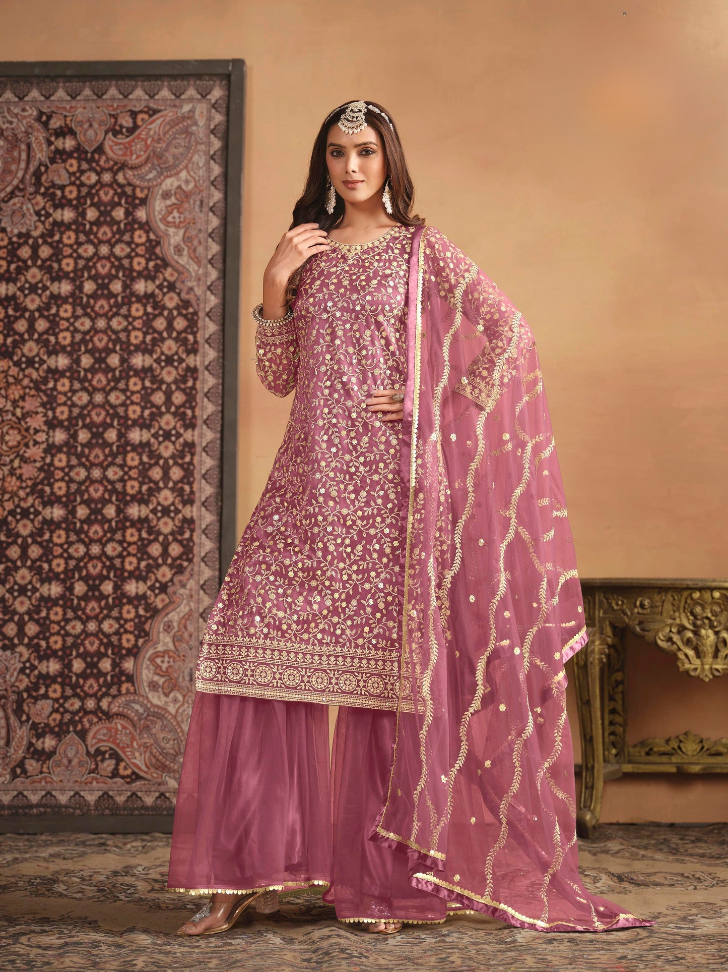 Net Embroidered Designer Gharara Suit