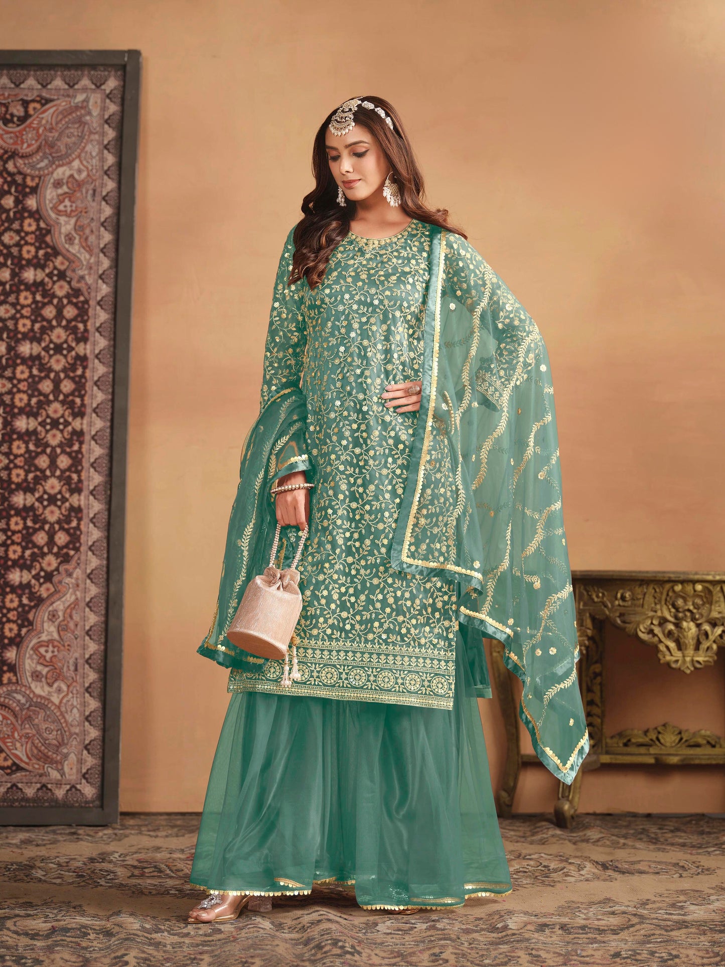 Net Embroidered Designer Gharara Suit