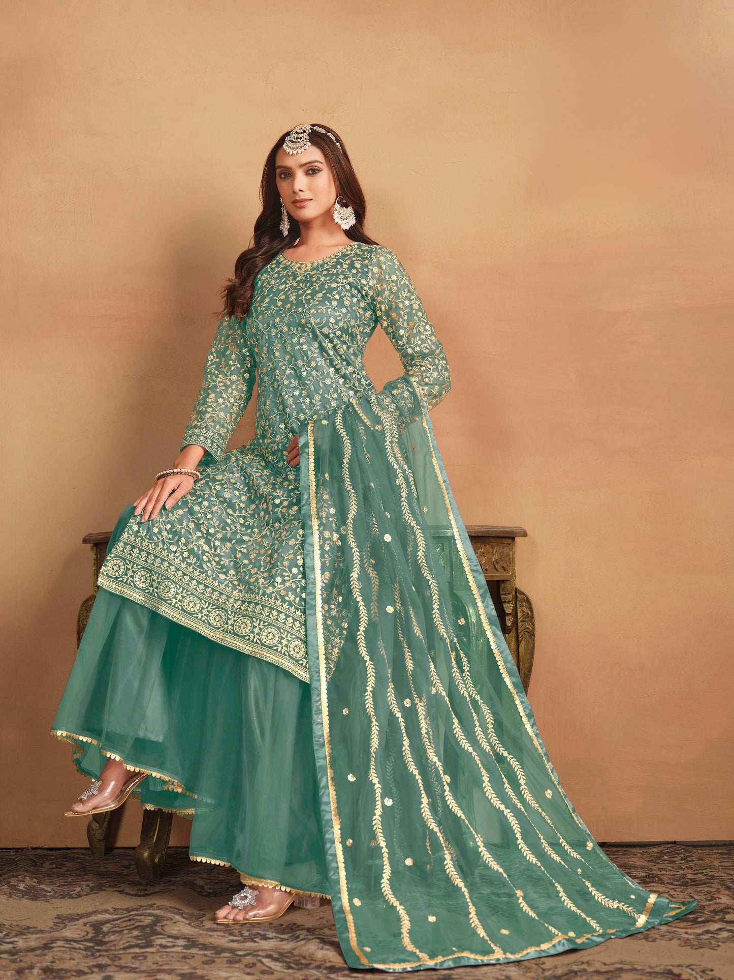 Net Embroidered Designer Gharara Suit