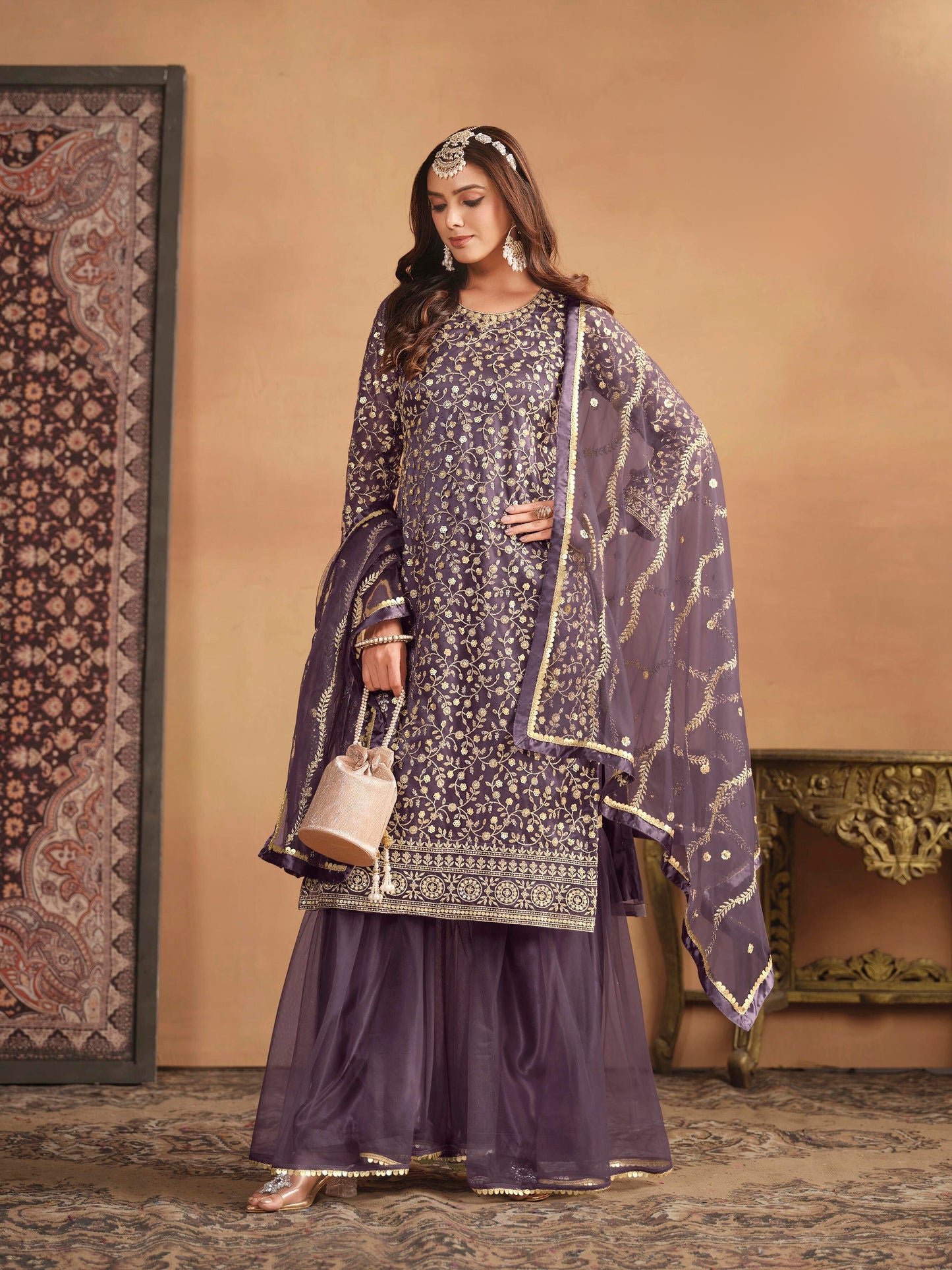 Net Embroidered Designer Gharara Suit