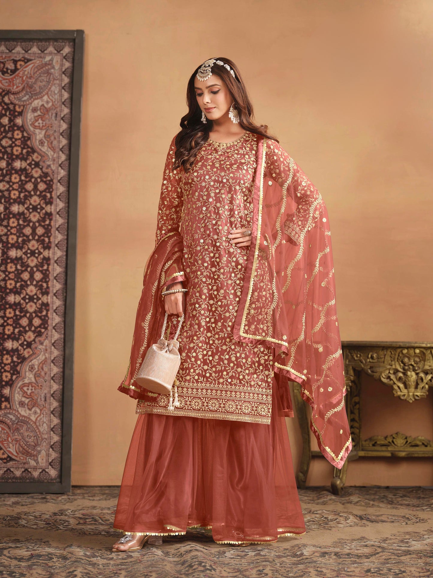 Net Embroidered Designer Gharara Suit