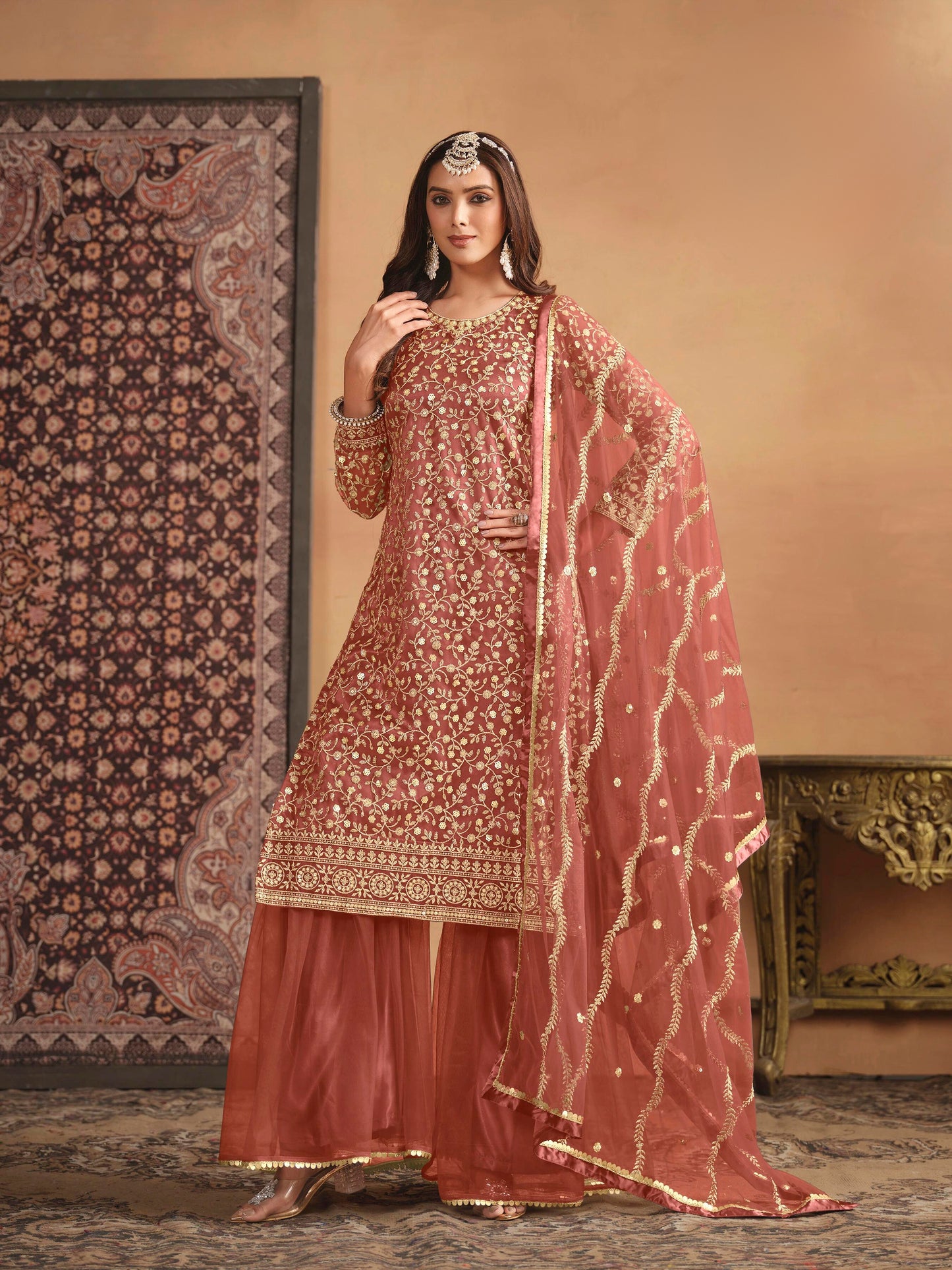 Net Embroidered Designer Gharara Suit