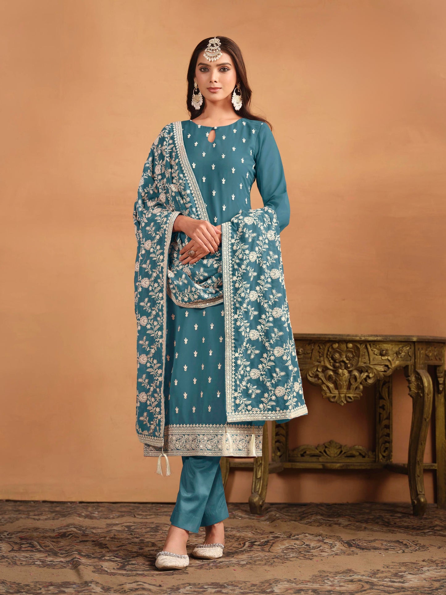 Embroidered Faux Georgette Designer Suit