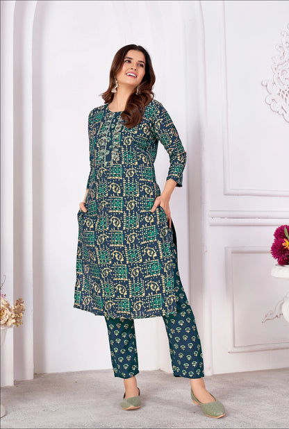 Printed Readymade Royal Silk Kurti Pant Set