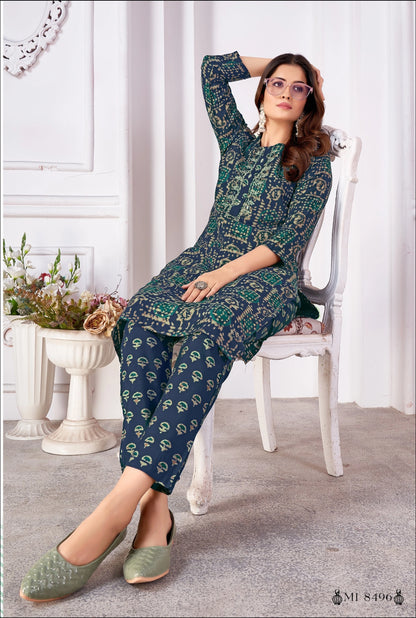 Printed Readymade Royal Silk Kurti Pant Set