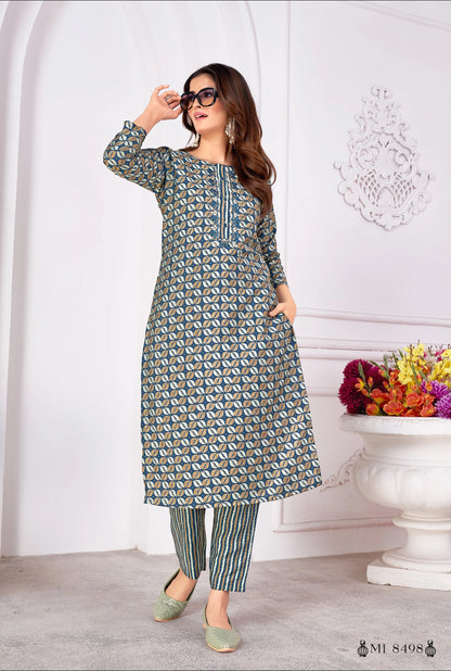 Printed Readymade Royal Silk Kurti Pant Set