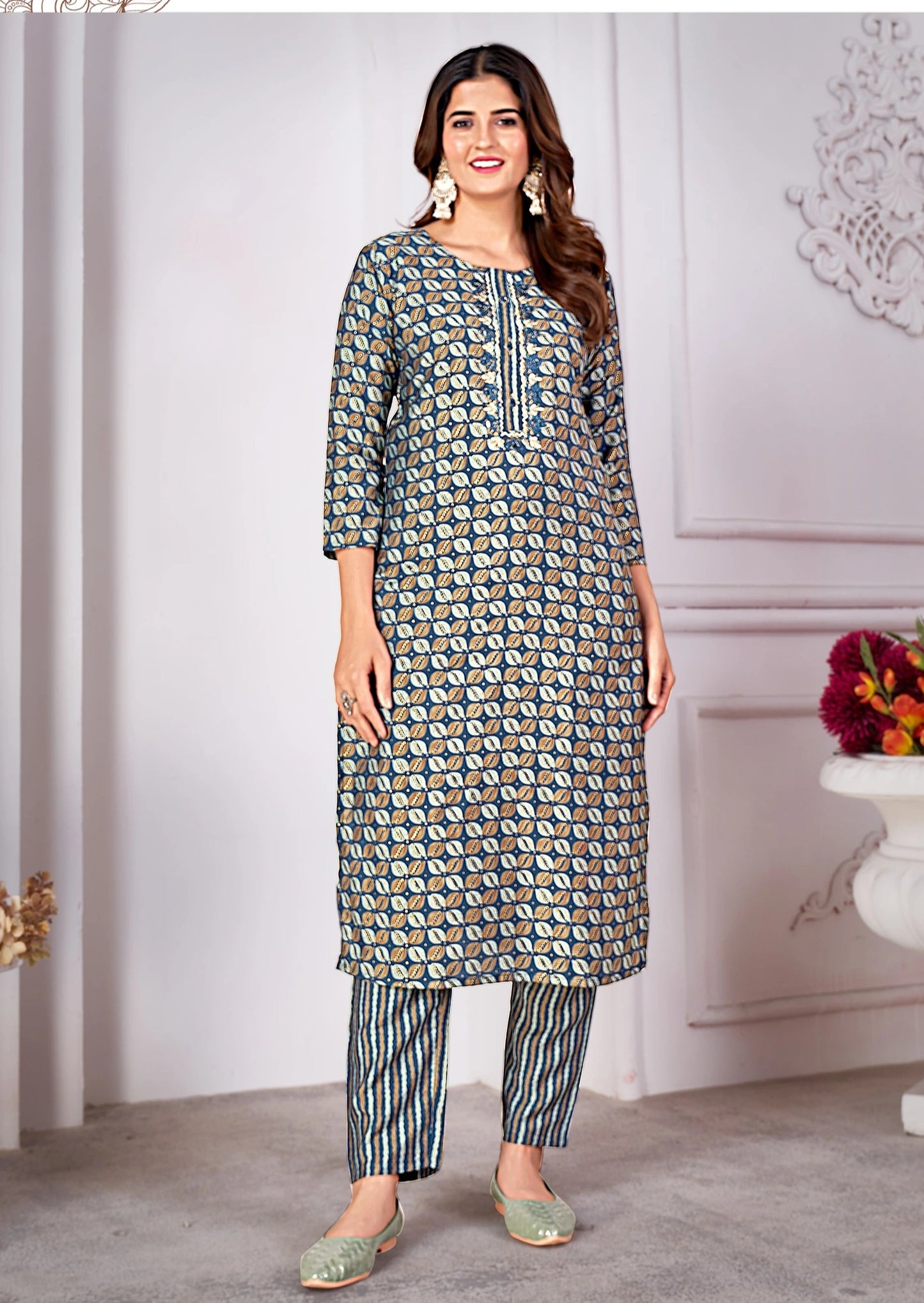 Printed Readymade Royal Silk Kurti Pant Set