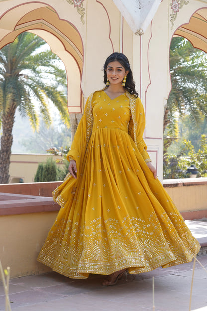 Yellow Embroidered Anarkali Gown with Dupatta