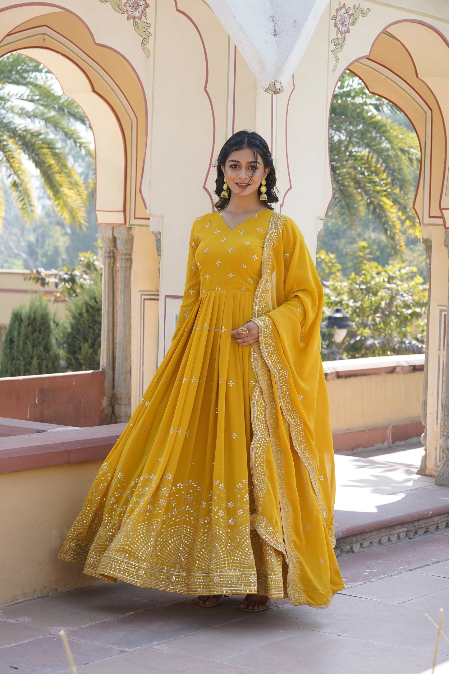 Yellow Embroidered Anarkali Gown with Dupatta