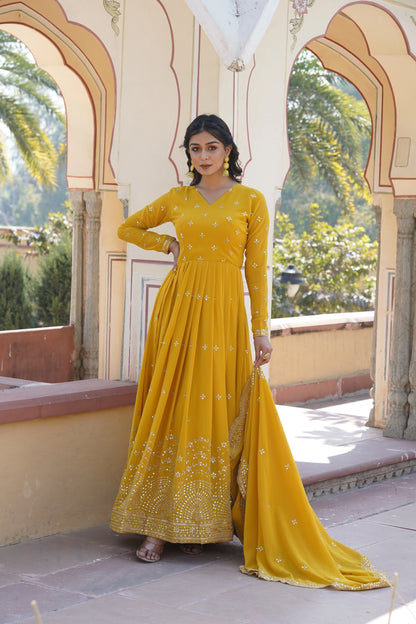 Yellow Embroidered Anarkali Gown with Dupatta