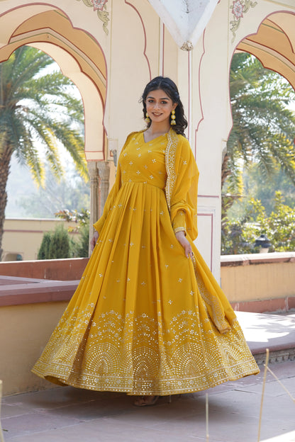 Yellow Embroidered Anarkali Gown with Dupatta