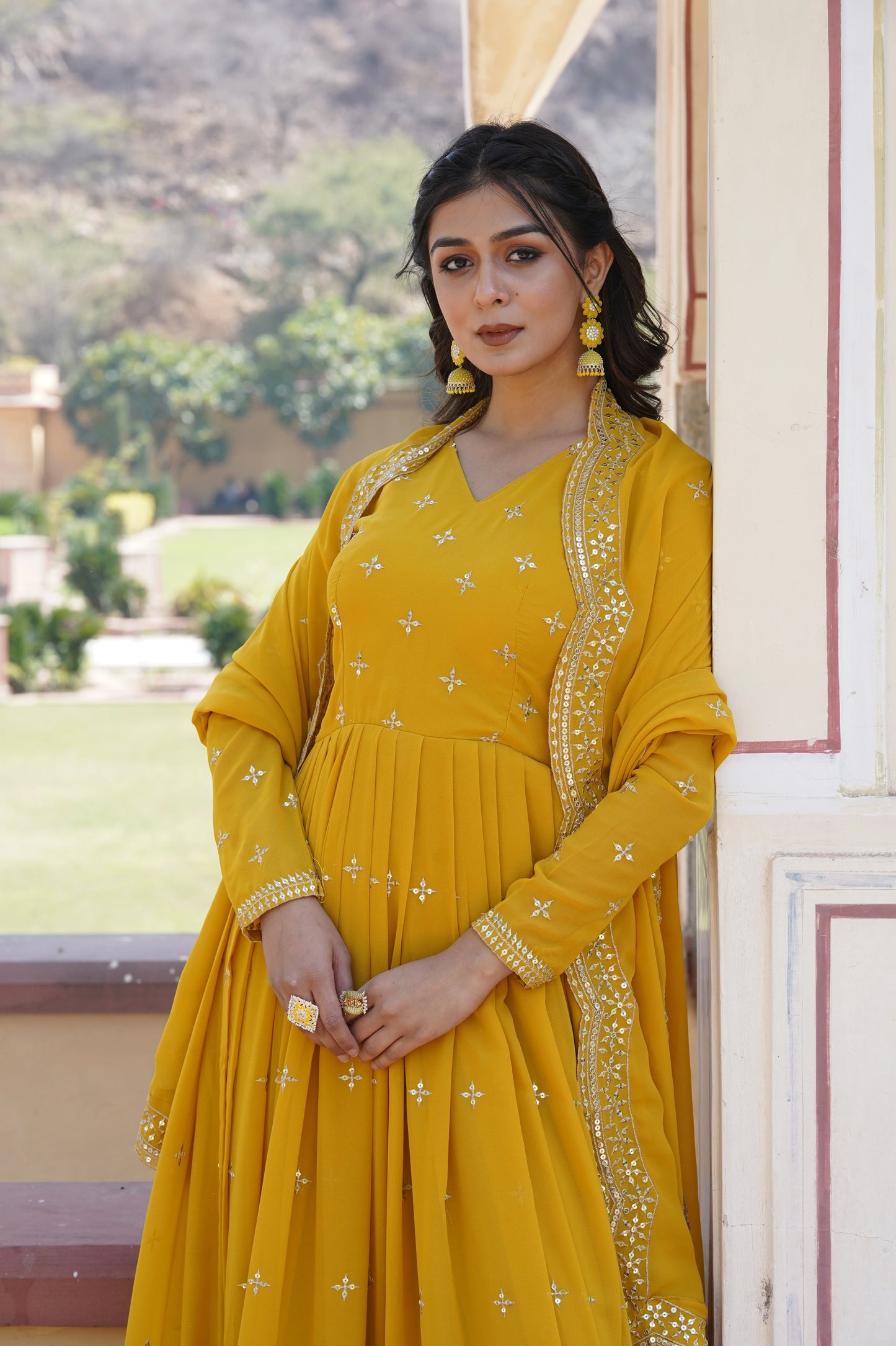 Yellow Embroidered Anarkali Gown with Dupatta