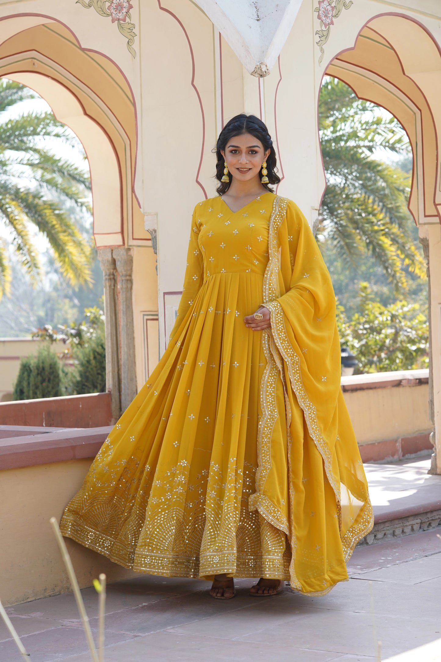 Yellow Embroidered Anarkali Gown with Dupatta