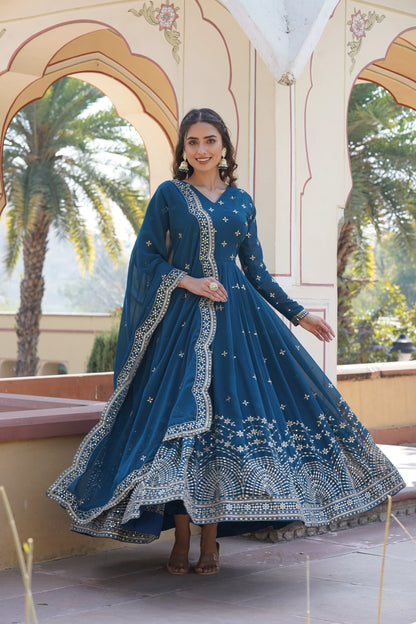 Rama Embroidered Anarkali Gown with Dupatta