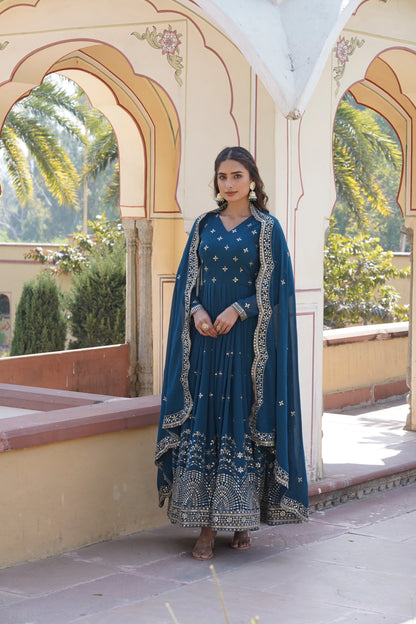 Rama Embroidered Anarkali Gown with Dupatta