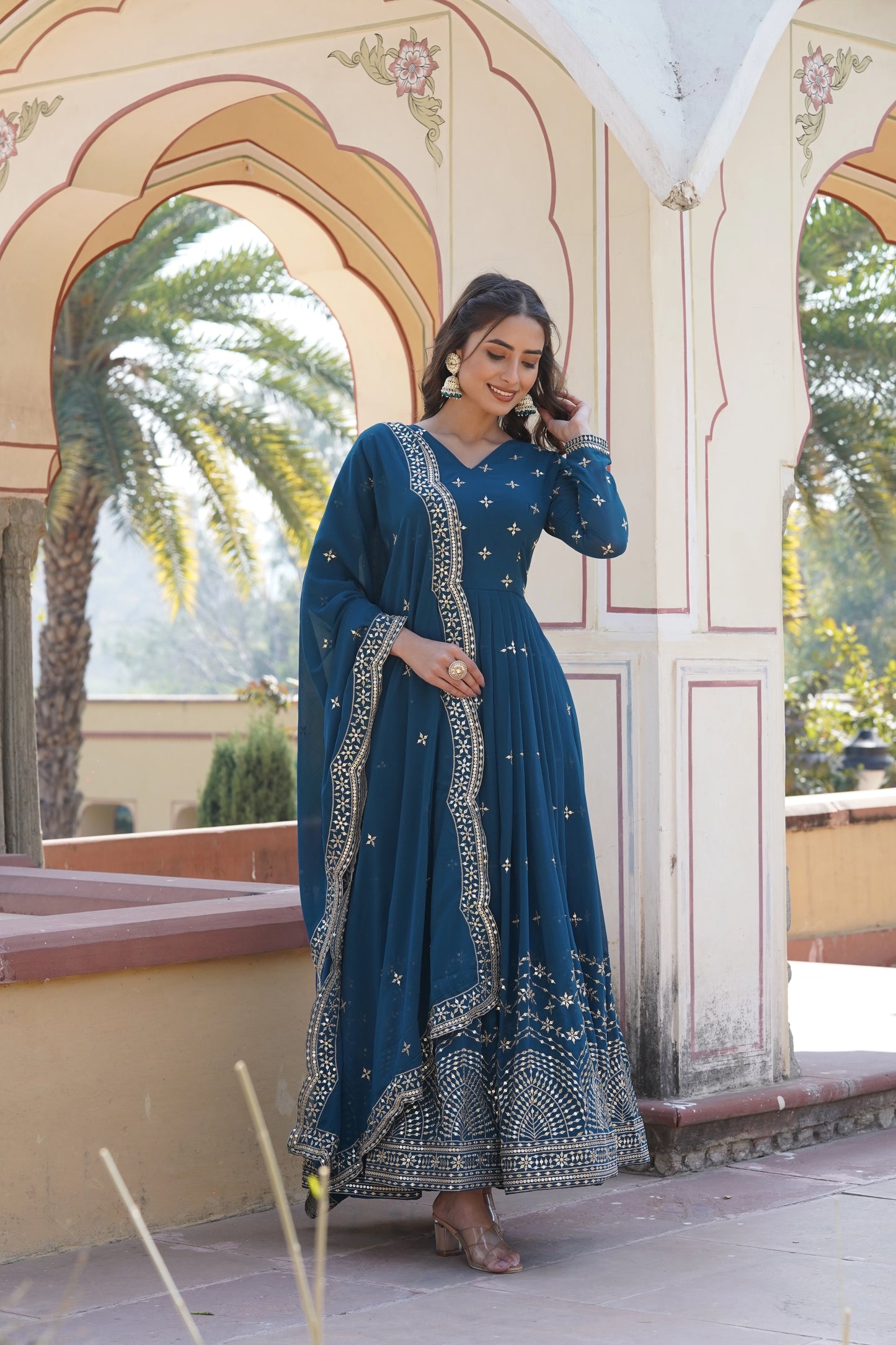 Rama Embroidered Anarkali Gown with Dupatta