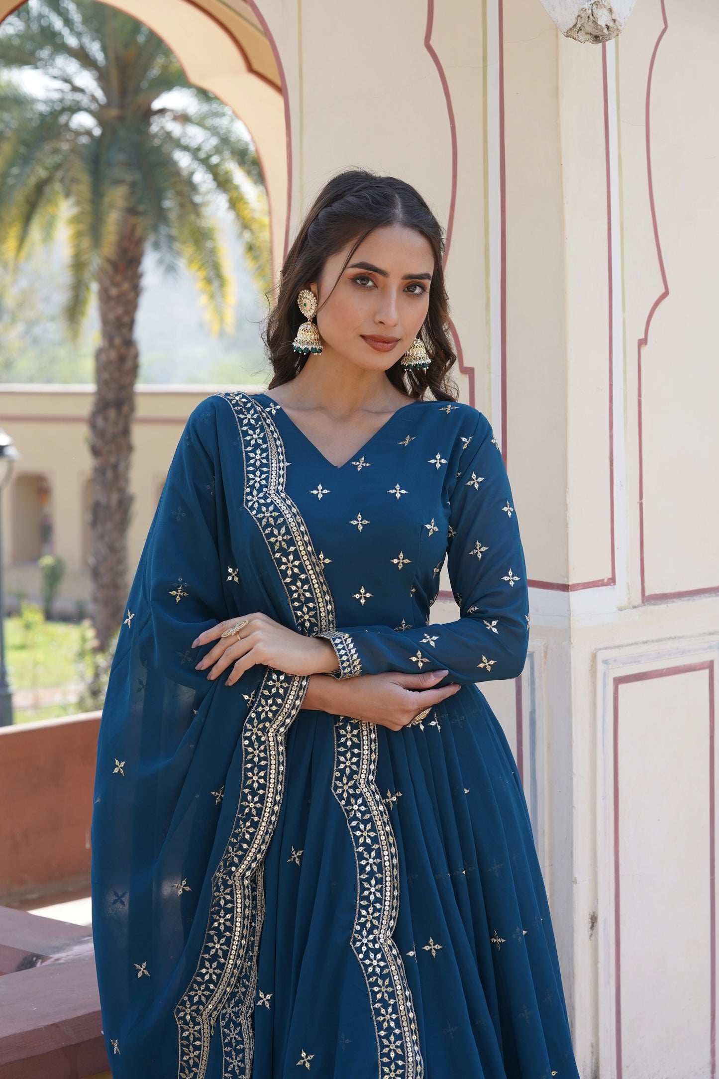 Rama Embroidered Anarkali Gown with Dupatta