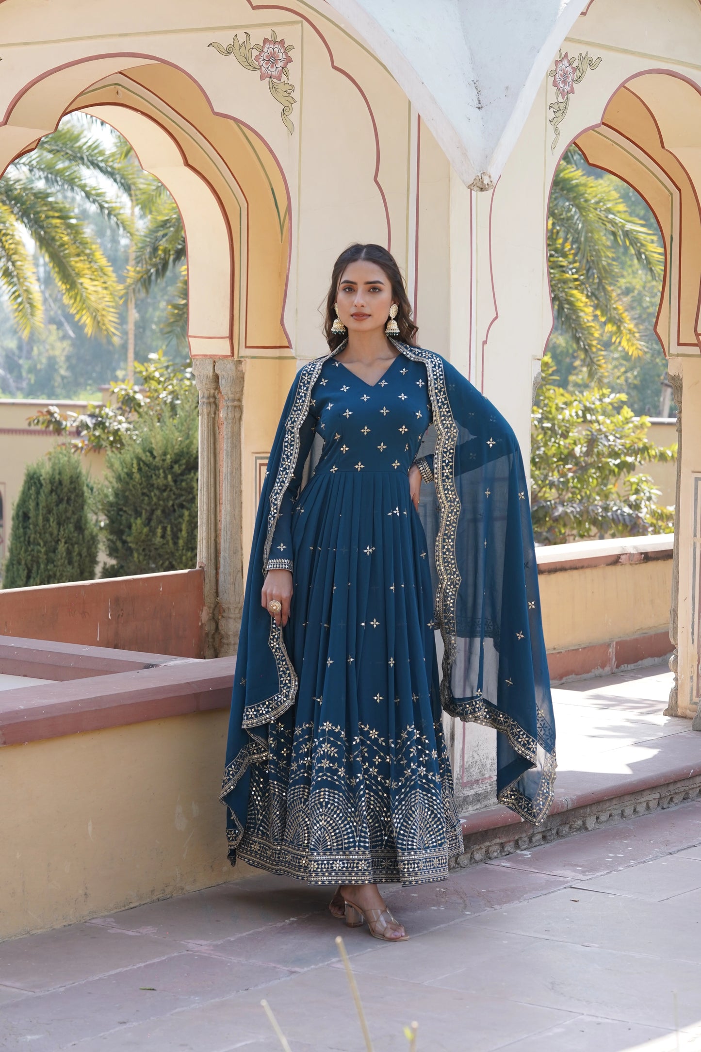 Rama Embroidered Anarkali Gown with Dupatta