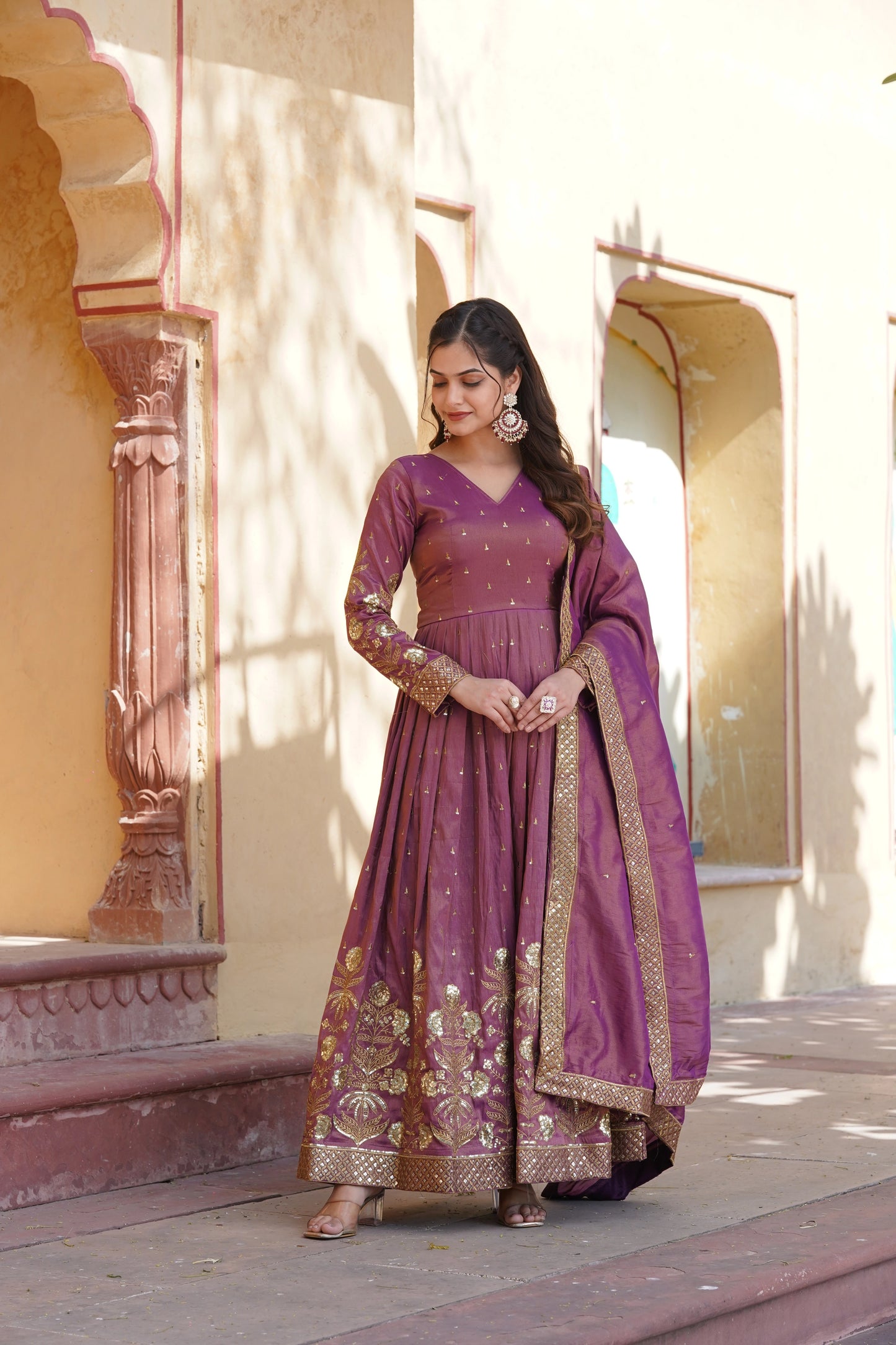 Wine Embroidered Anarkali Gown with Dupatta