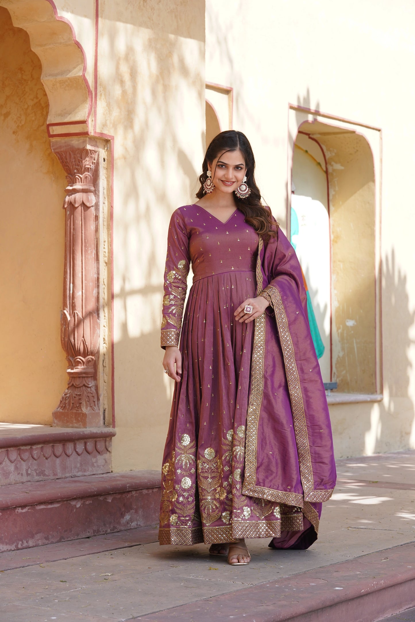 Wine Embroidered Anarkali Gown with Dupatta