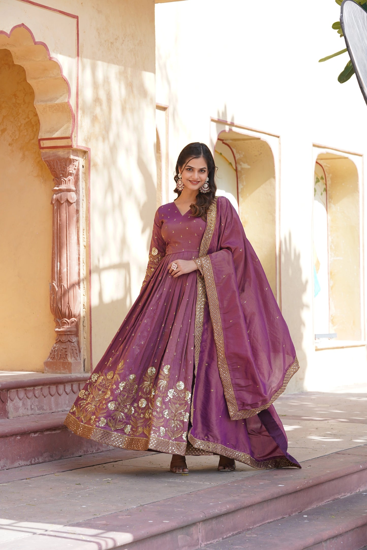 Wine Embroidered Anarkali Gown with Dupatta