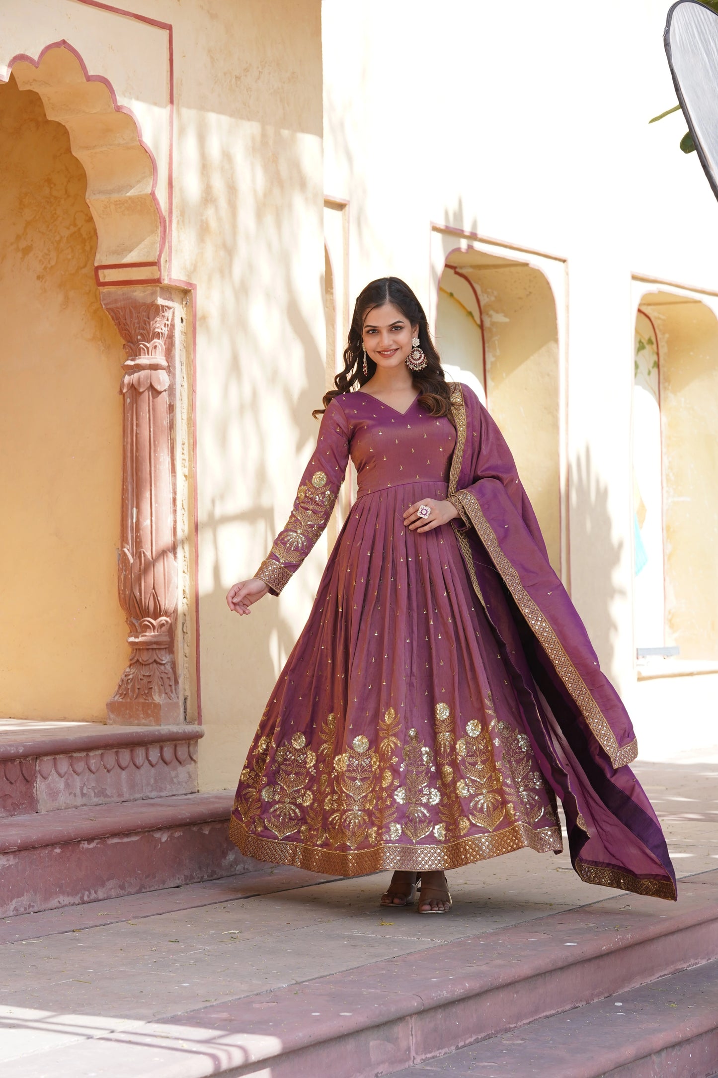 Wine Embroidered Anarkali Gown with Dupatta