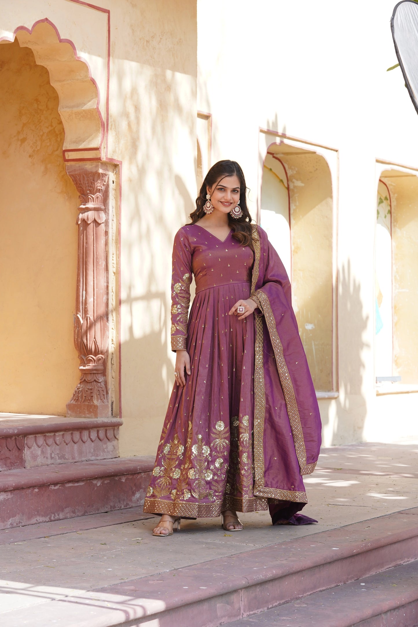 Wine Embroidered Anarkali Gown with Dupatta