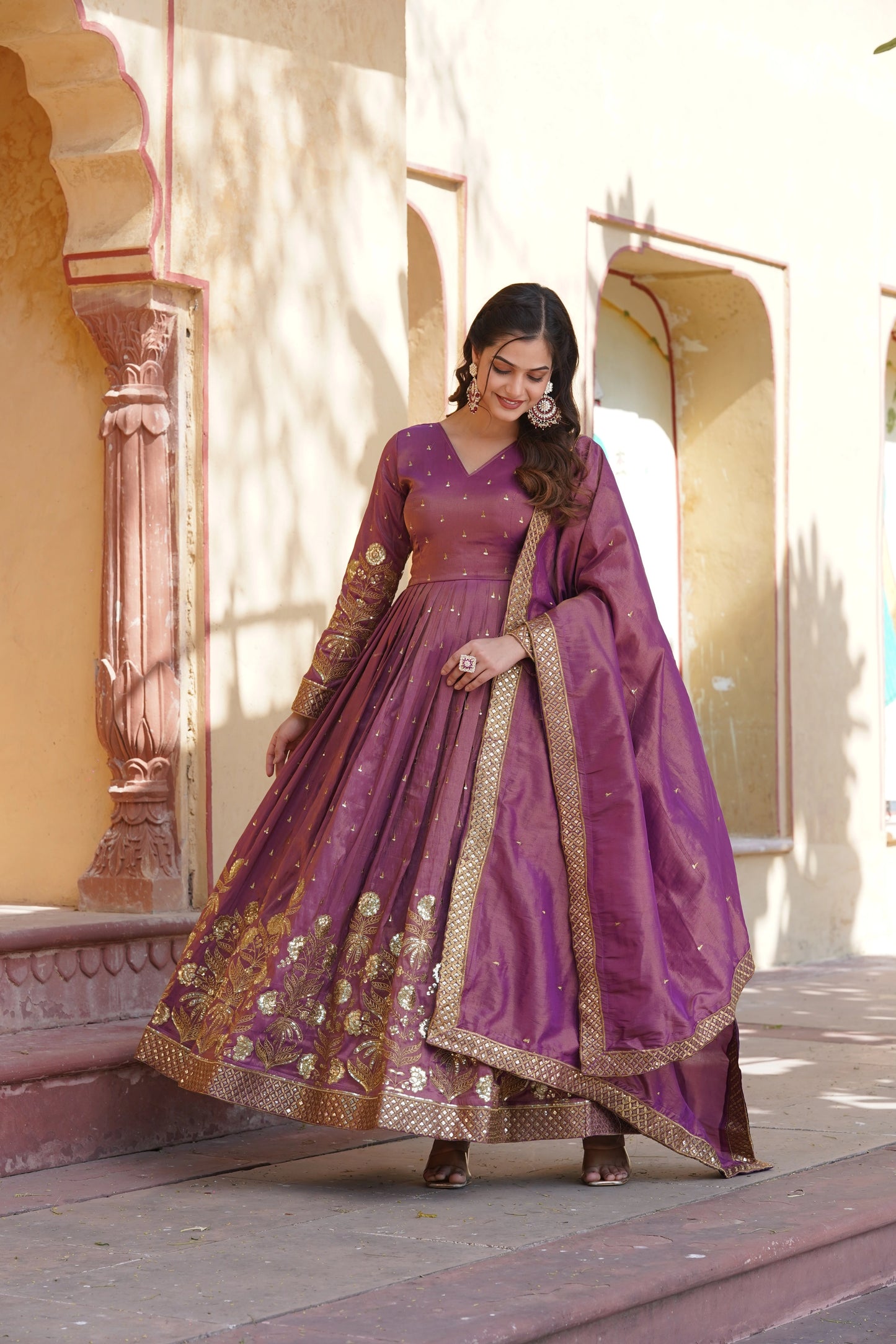 Wine Embroidered Anarkali Gown with Dupatta