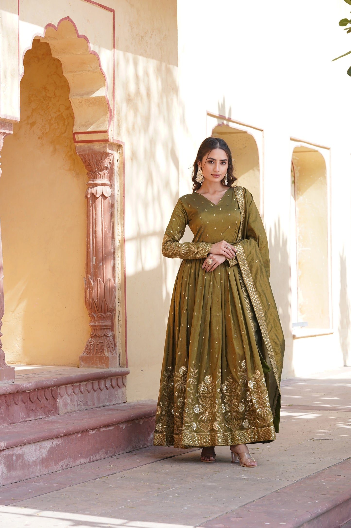 Mehendi Embroidered Anarkali Gown with Dupatta