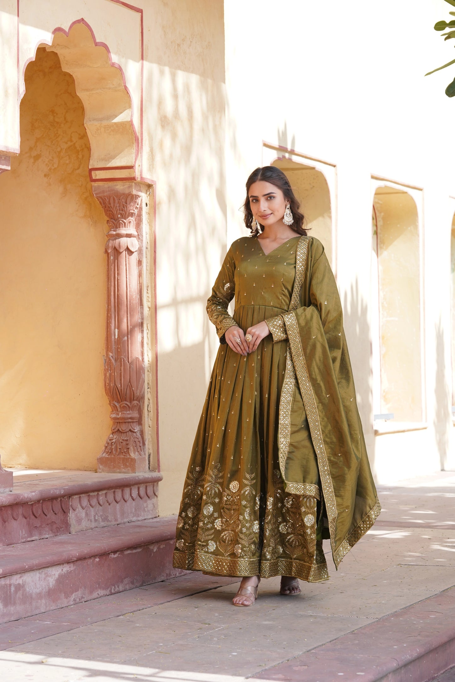 Mehendi Embroidered Anarkali Gown with Dupatta