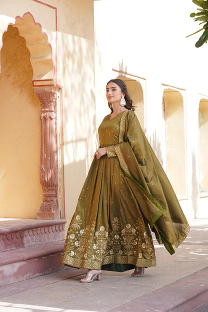 Mehendi Embroidered Anarkali Gown with Dupatta