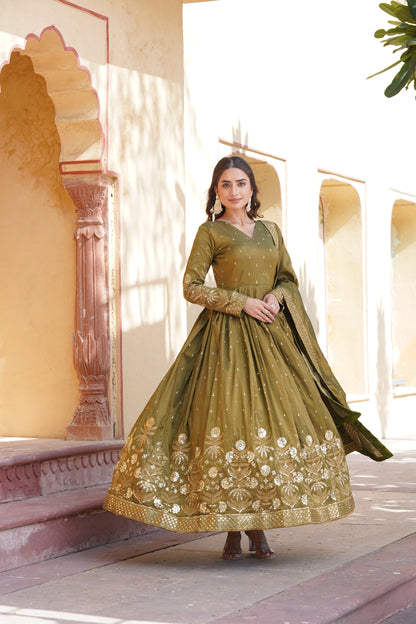 Mehendi Embroidered Anarkali Gown with Dupatta