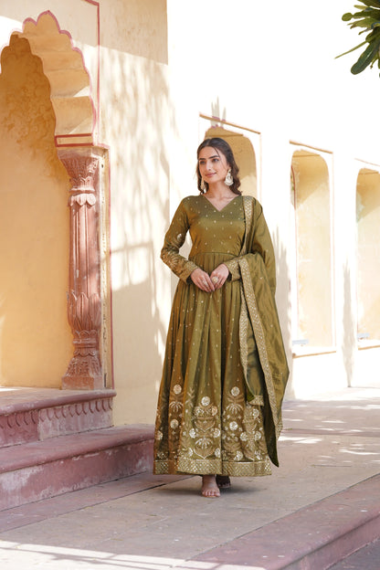 Mehendi Embroidered Anarkali Gown with Dupatta