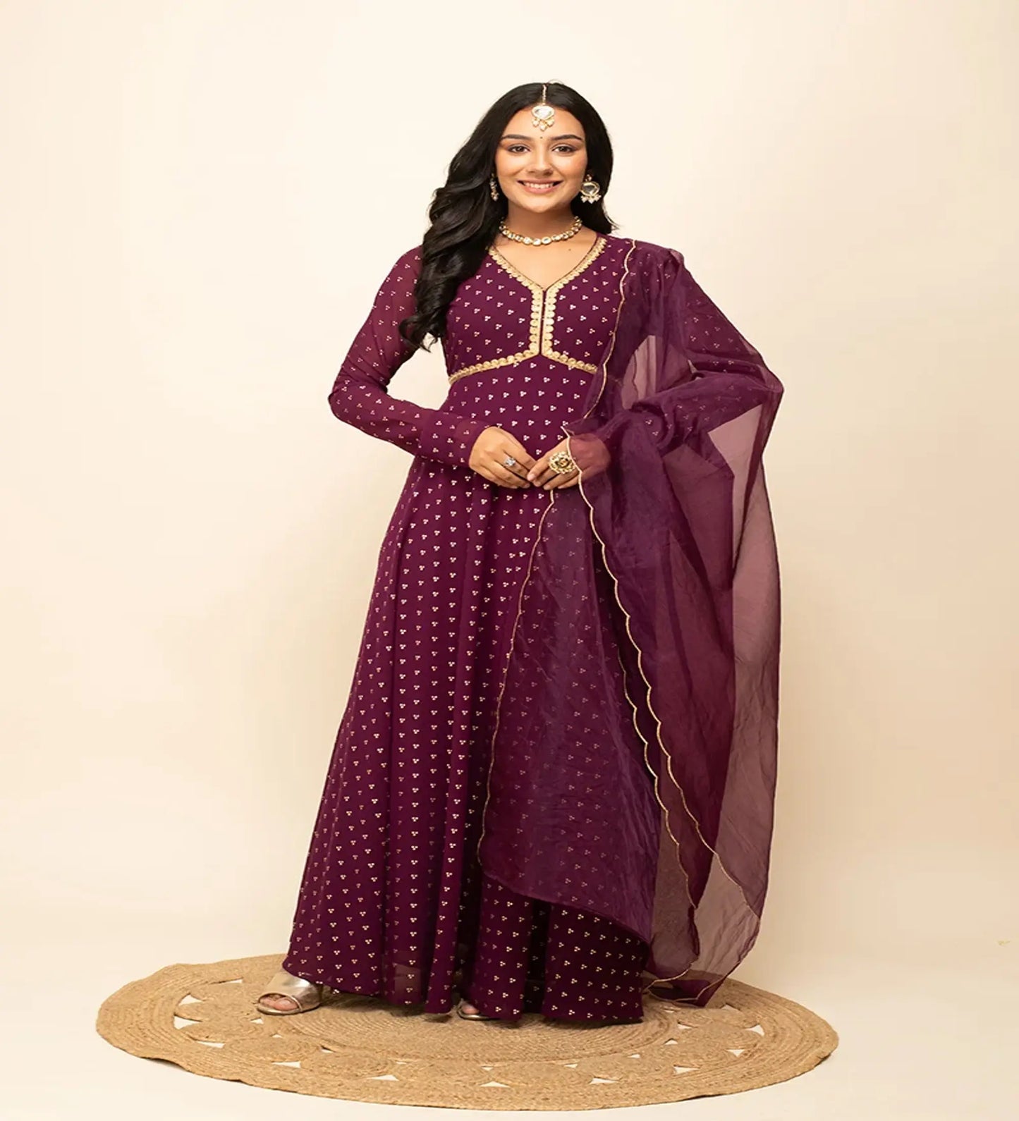 Wine Georgette Party Wear Gown with Dupatta