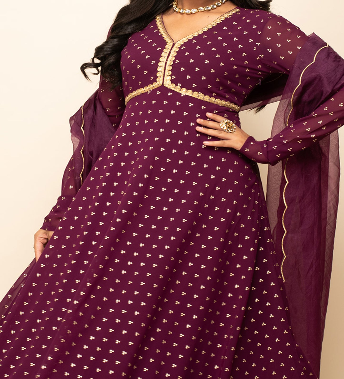 Wine Georgette Party Wear Gown with Dupatta