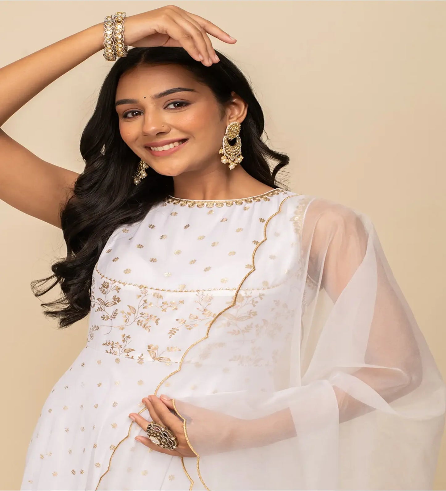 White Georgette Party Wear Gown with Dupatta