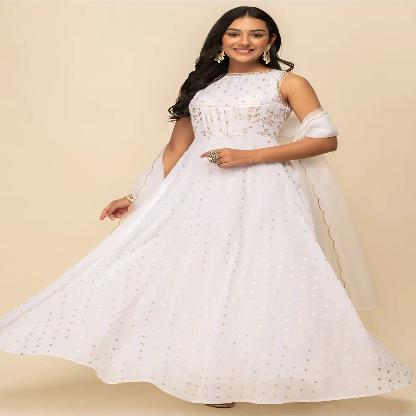 White Georgette Party Wear Gown with Dupatta