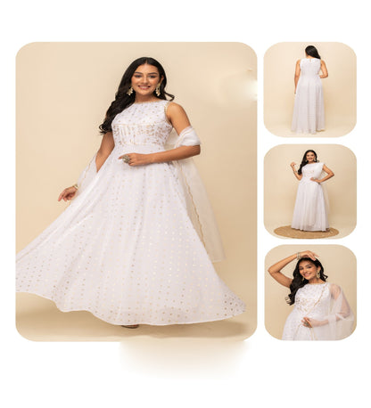 White Georgette Party Wear Gown with Dupatta