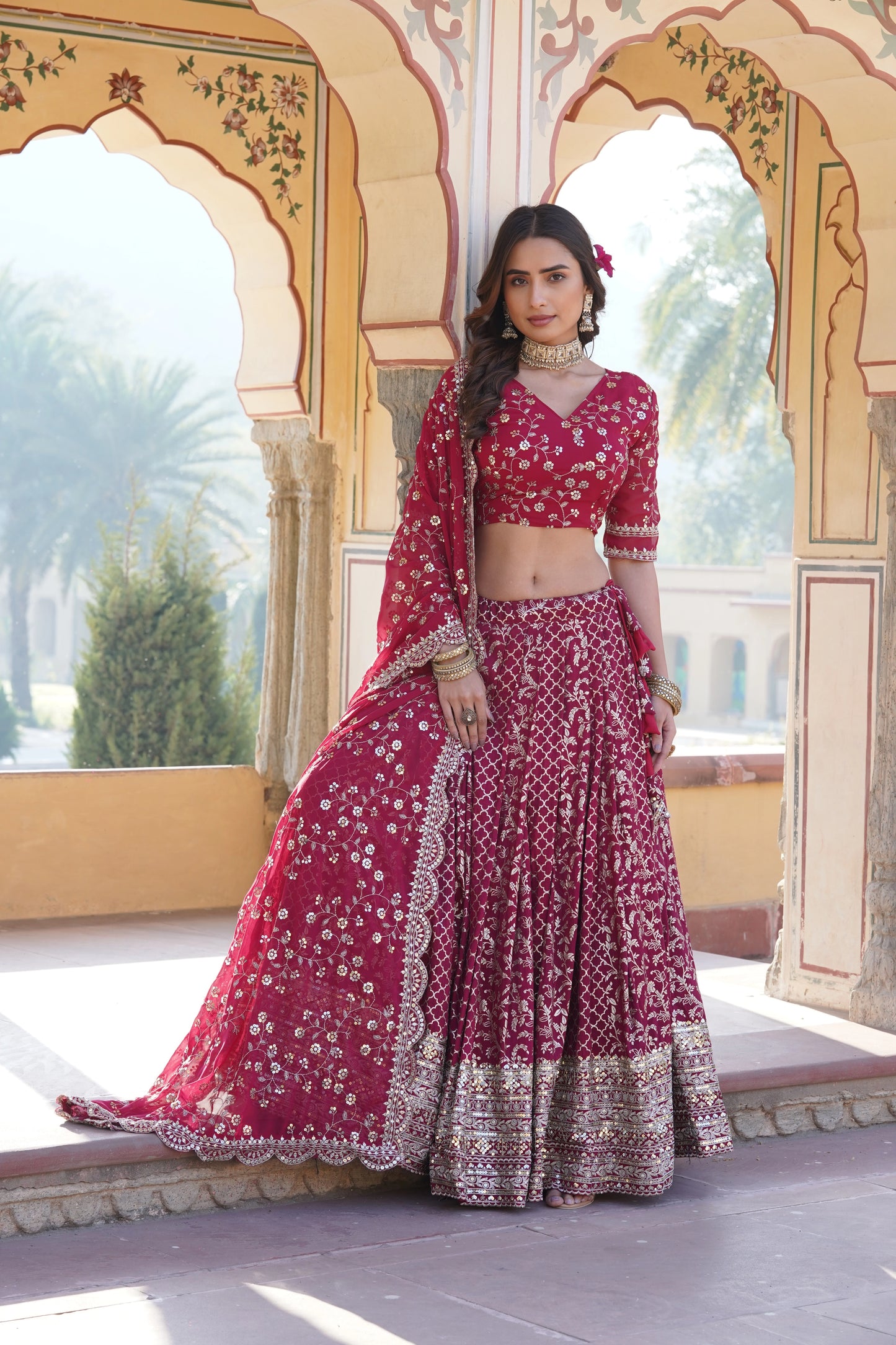 Pure Viscose Jacquard Lehenga Choli with Sequins Work