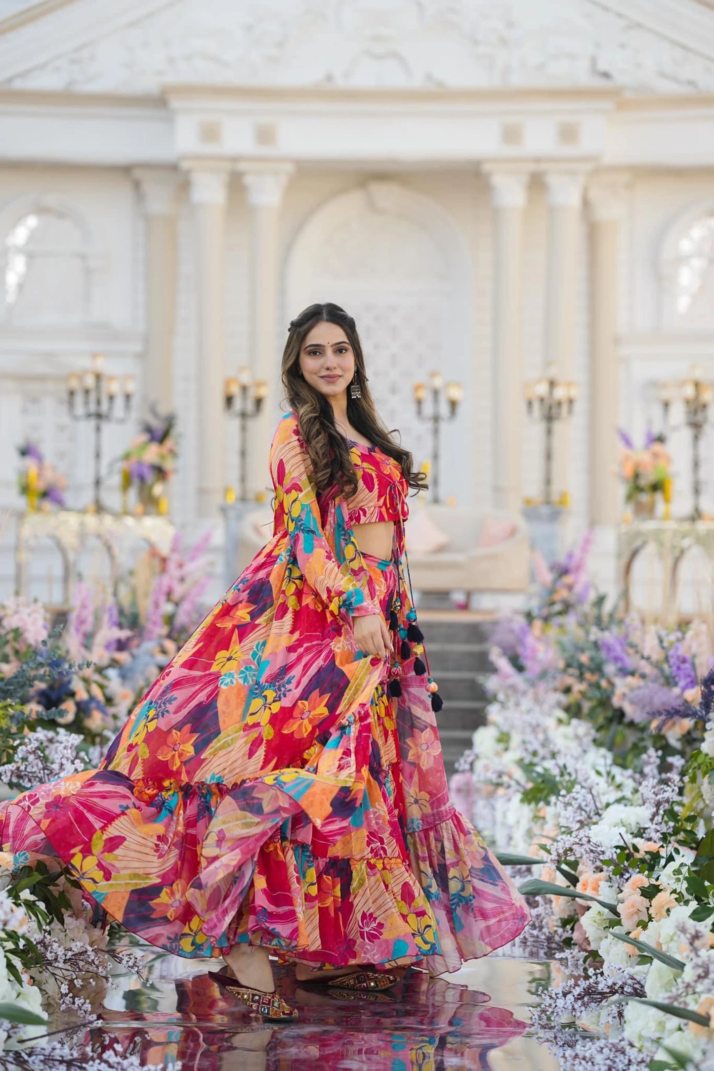 Red Printed Crop Top Gown with Shrug