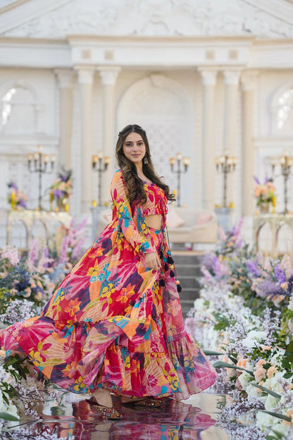 Red Printed Crop Top Gown with Shrug