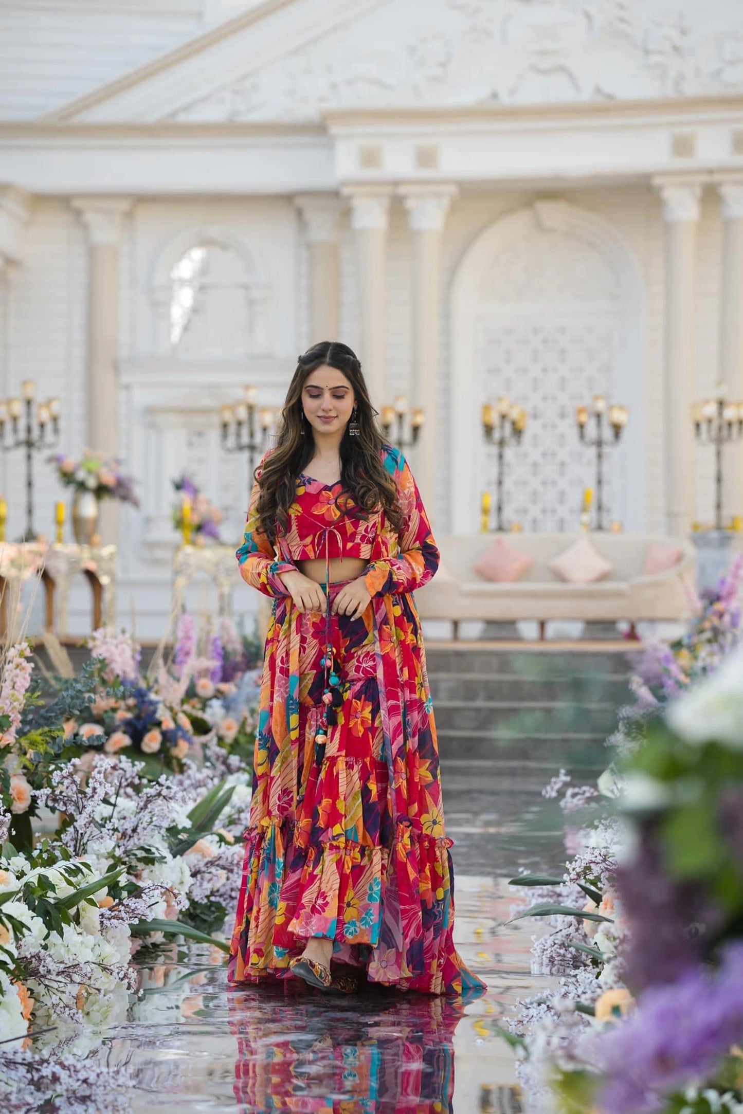 Red Printed Crop Top Gown with Shrug