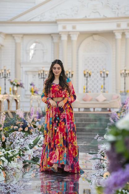 Red Printed Crop Top Gown with Shrug