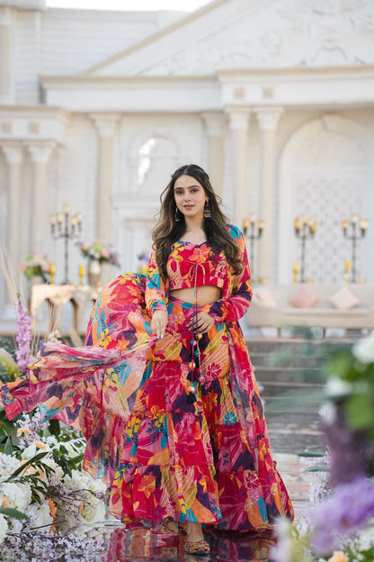 Red Printed Crop Top Gown with Shrug