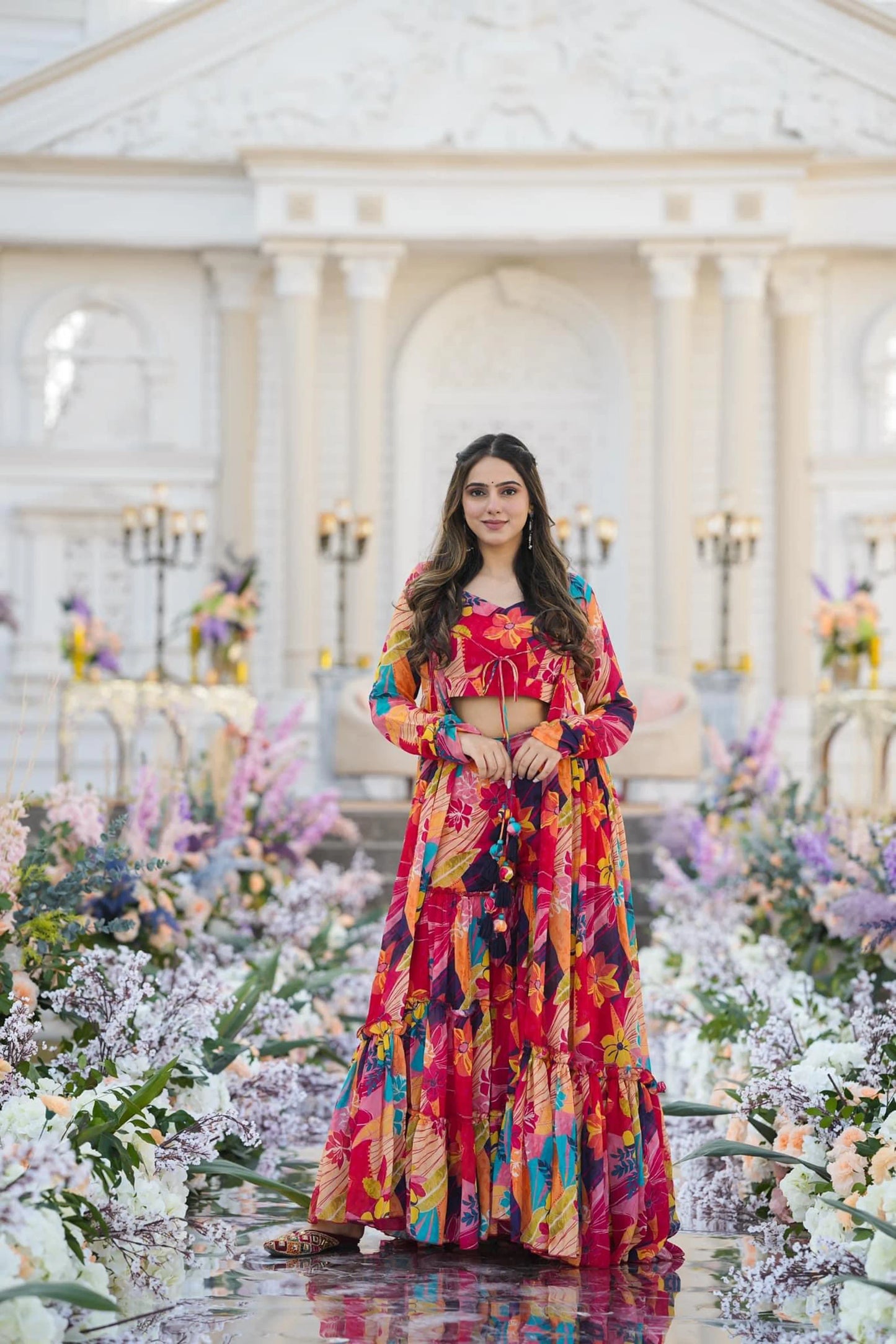 Red Printed Crop Top Gown with Shrug