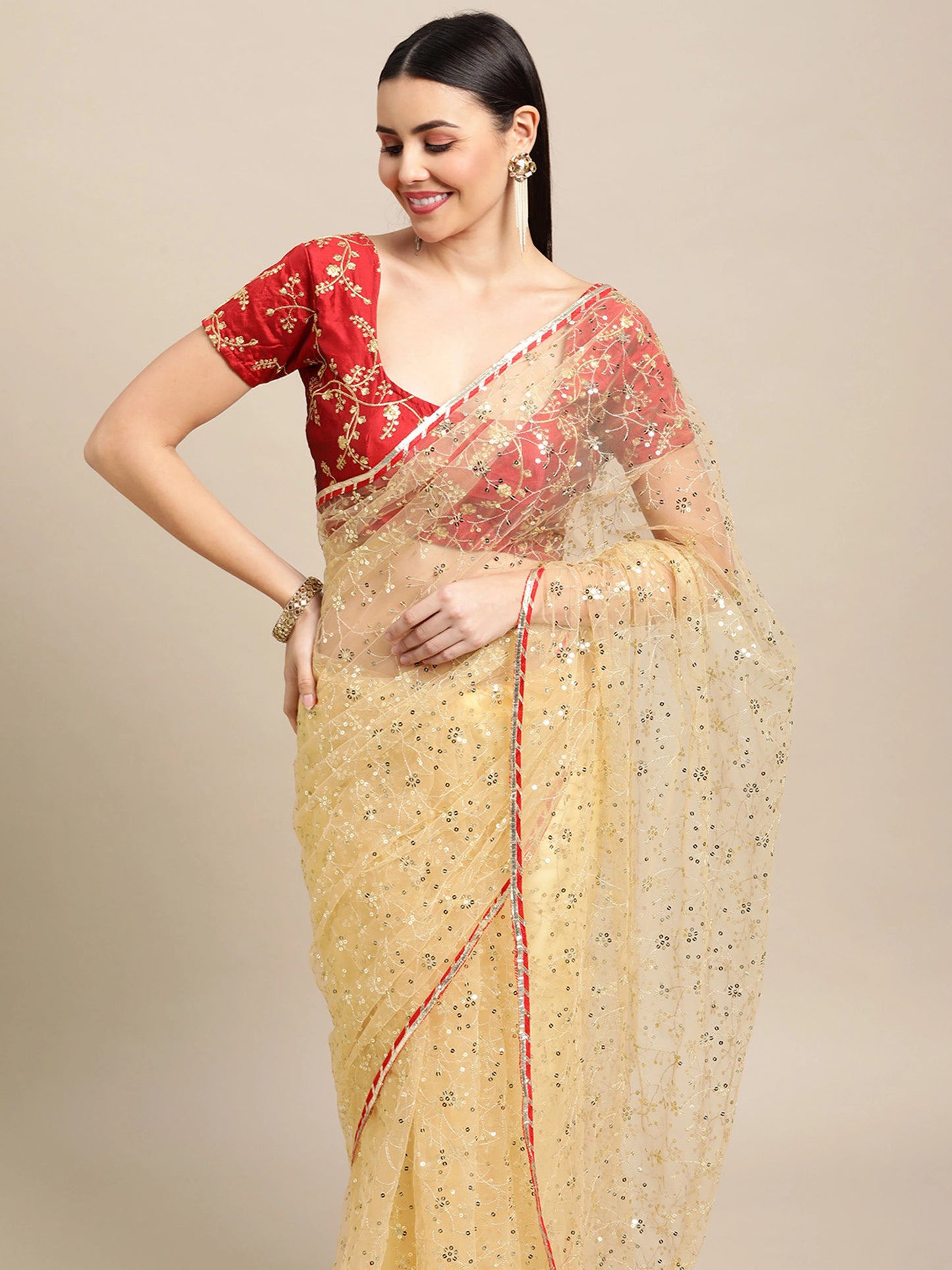 Net Sequins Work Designer Saree