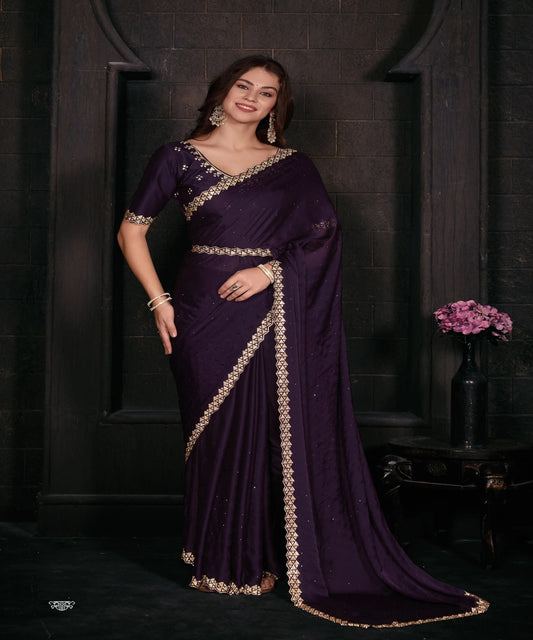 Designer Party Wear Satin Handwork Saree