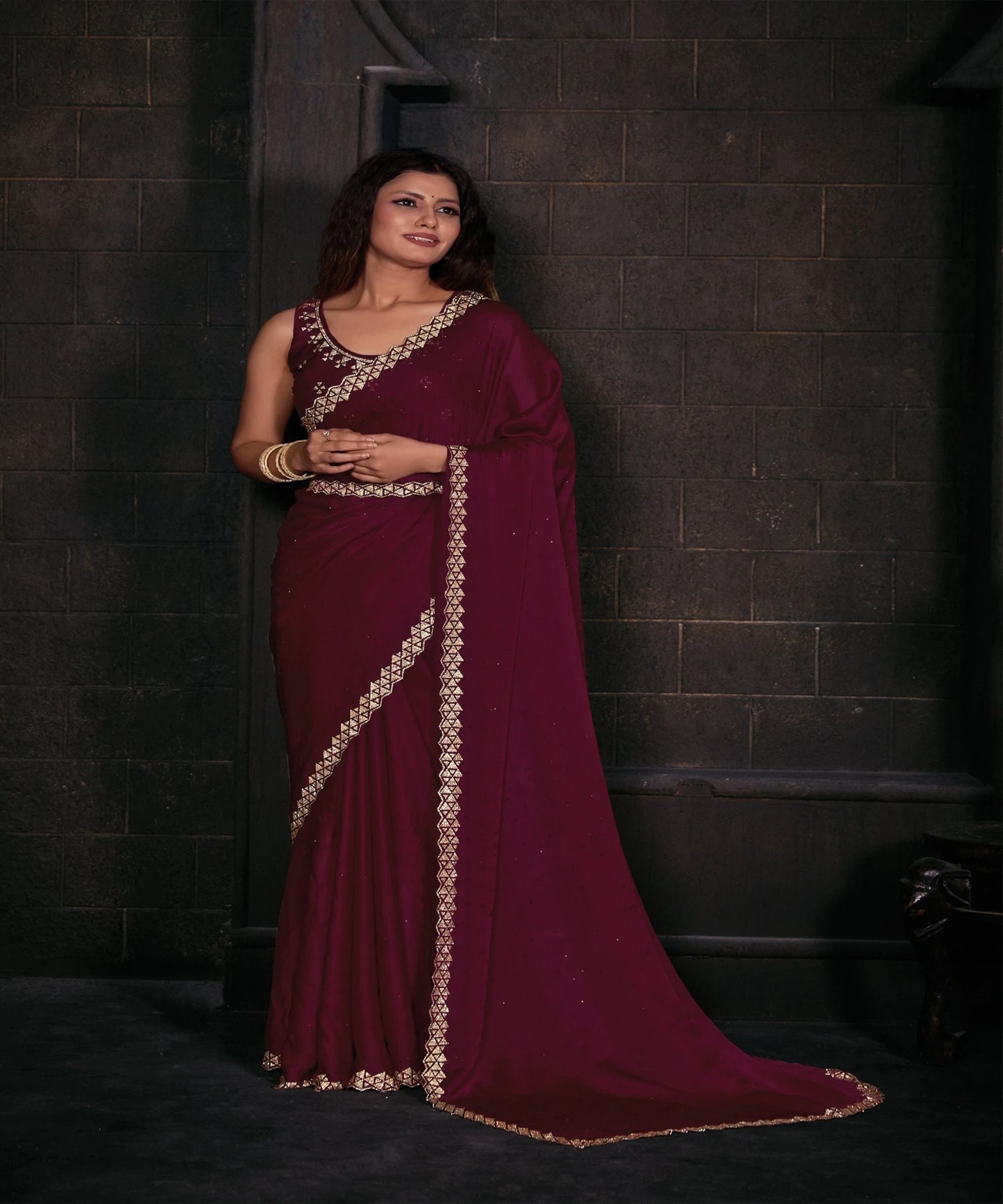 Designer Party Wear Satin Handwork Saree